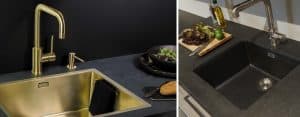 Zwarte keuken inspiratie: Zwart keukenblad met Lanesto spoelbak, mengkraan en zeeppomp in Gold kleur + zwarte spoelbak Franke Carbon Black Tectonite