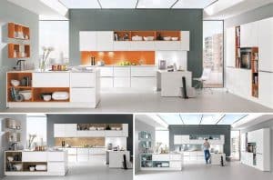 Witte keuken met oranje, aqua en hout decor - Nobilia 615 427 Alpin wit