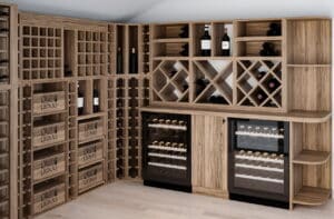 Uitgebreide wijnkast met wijnklimaatkasten, Lignas wijnrek hout