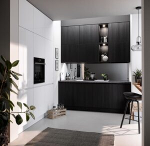 Zwarte rechte keuken met kastenwand en bar/bureau als thuiswerkplek