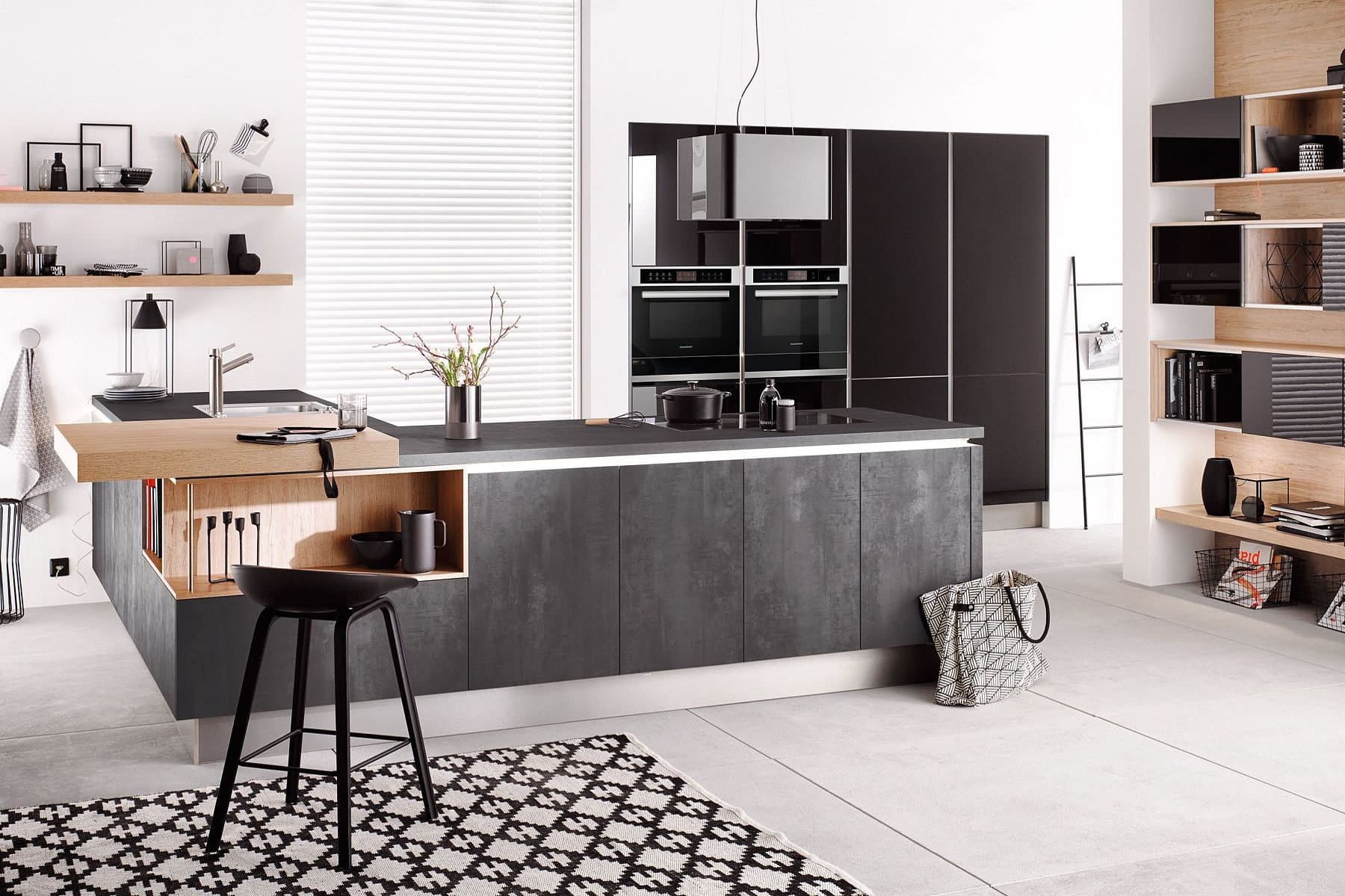 Design keukeneiland met hoogglans zwart lak en gepleisterde grafiet grijze beton keukendeurtjes en keukenlades, Häcker moderne keuken Comet GL