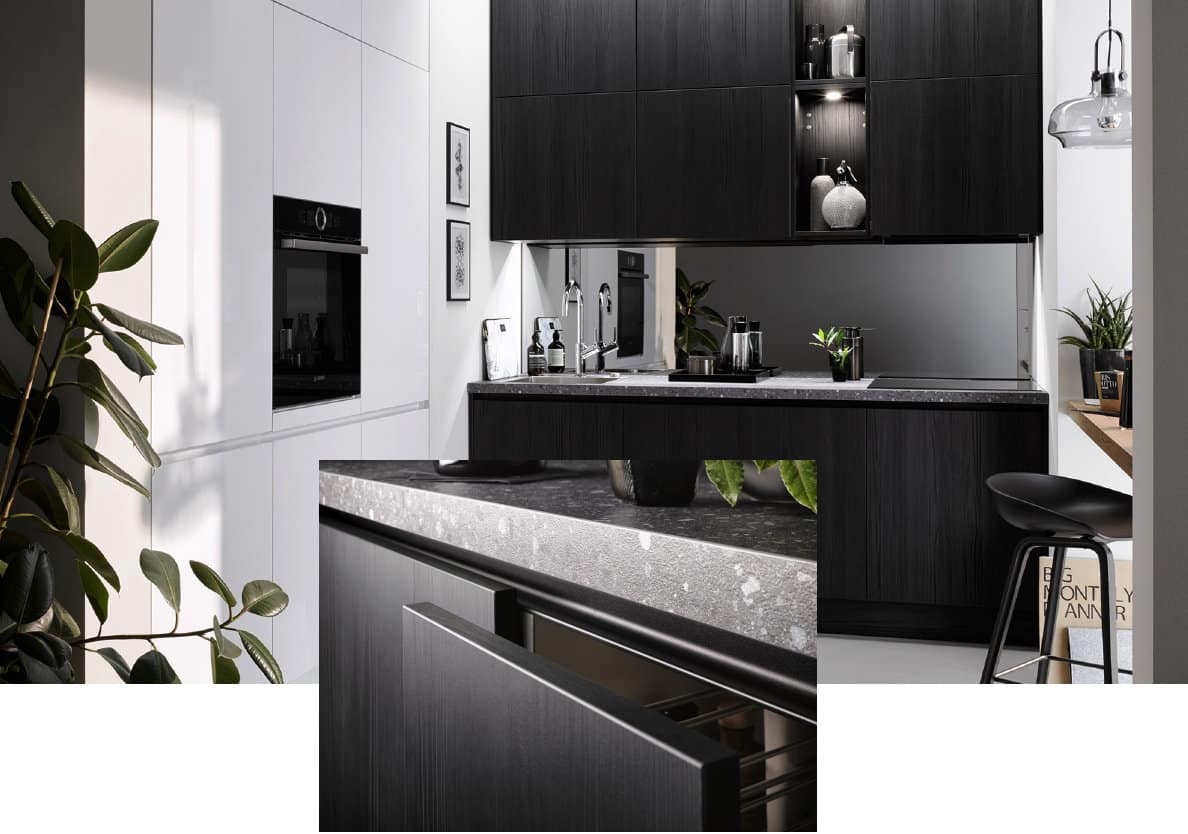 Wit + zwarte keuken, wit + zwarte greeplijsten / keellijsten, Häcker design keuken Toronto GL Laser Brillant GL