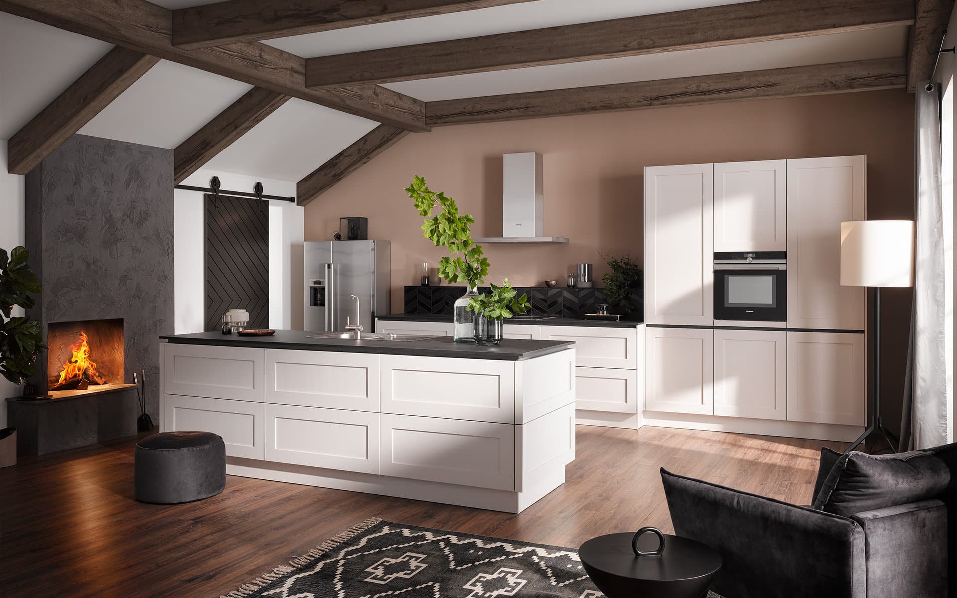 Moderne landelijke keuken met greeploze kaderdeuren en ladefronten - Häcker AV 6055 GL taupe