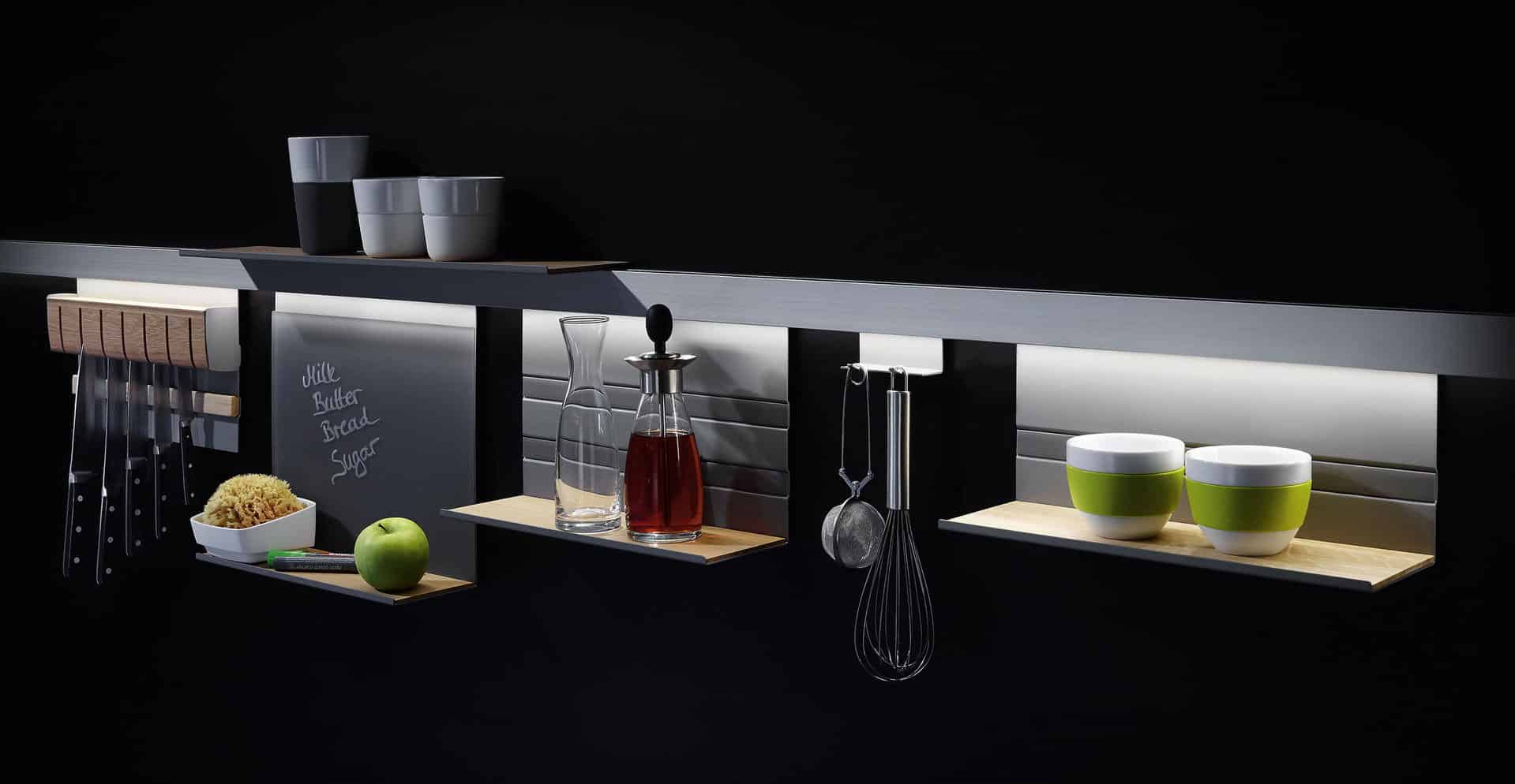 Keuken ophangrek met verlichting voor keukenaccessoires, Linero MosaiQ reling systeem