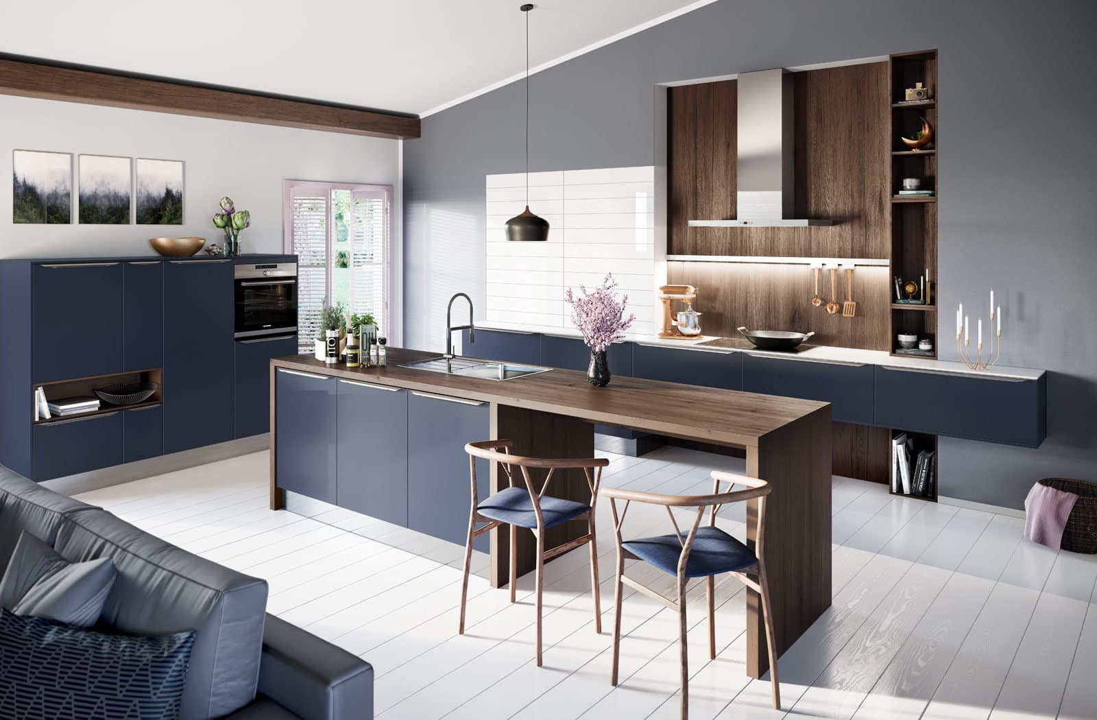 Fluweel blauwe semi-greeploze keuken, spoeleiland, RVS kleur greeplijsten - Häcker design keuken AV 6000 GL