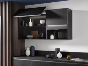 Keukenfronten en aanrechtblad betonlook zwart, Häcker keuken