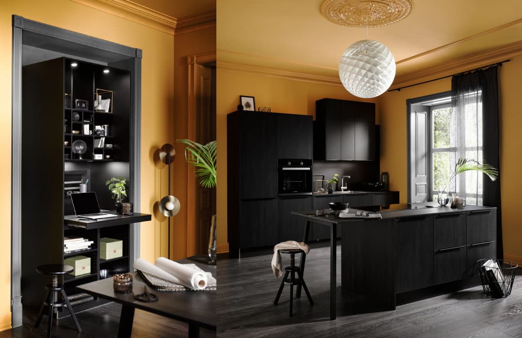 Thuiskantoren in de keuken: werkplek met uitschuifbaar bureau – Zwarte keuken Häcker Meteor Laser Soft Black Steel