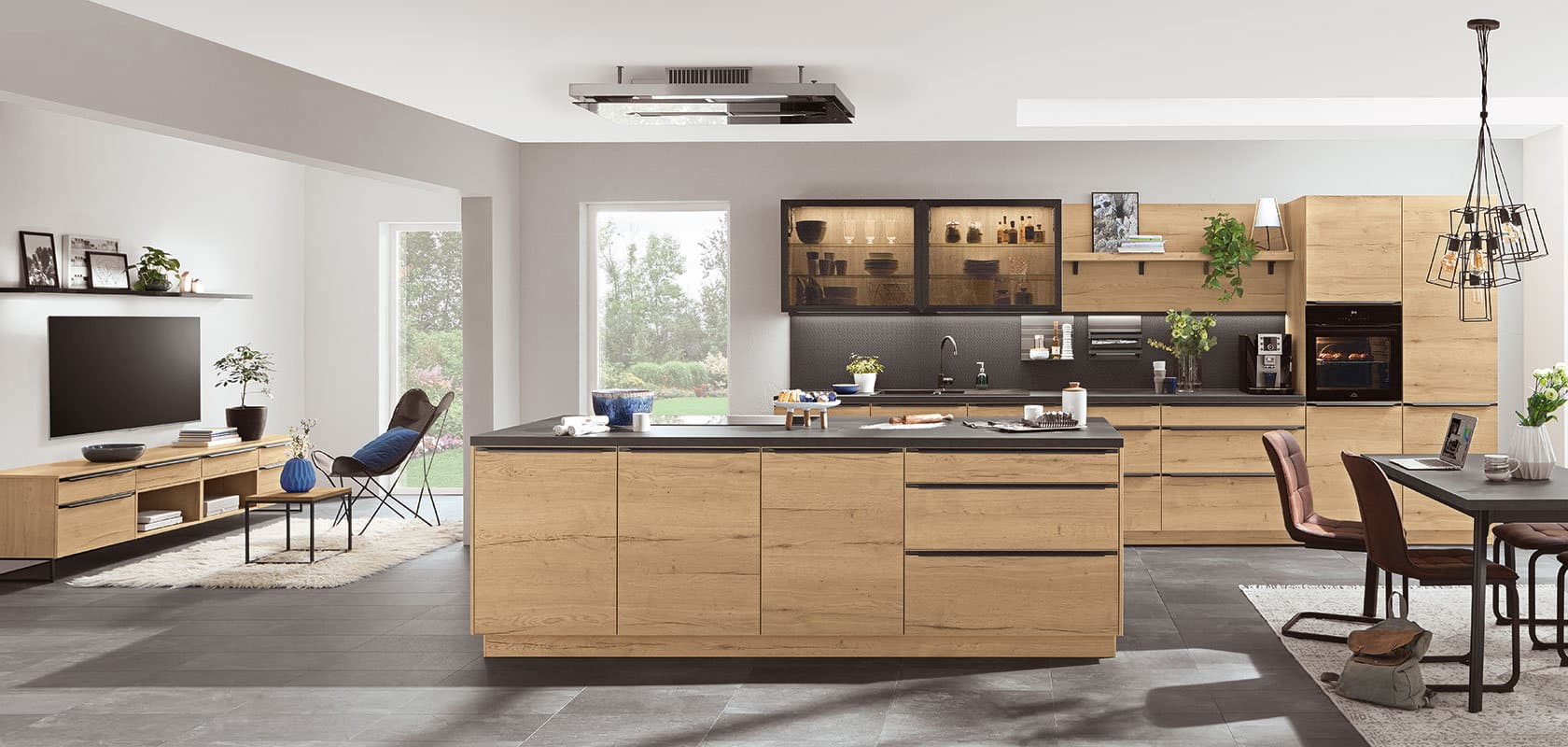Thuiswerken aan de eetkamertafel – decor zwart beton keukenblad en tafelblad – Decor houten keuken Nobilia Structura 405 Thuiswerken aan de eetkamertafel – decor zwart beton keukenblad en tafelblad – Decor houten keuken Nobilia Structura 405