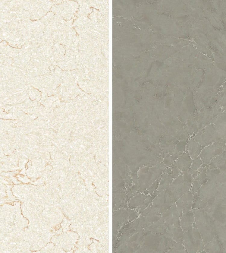 Marmerlook composiet aanrechtblad Evora Qstone Mizu wave en Kyoto Mist