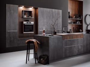 Design semi-greeploze keuken, Häcker ijzer grijze keuken met bijzondere open kasten + nissen