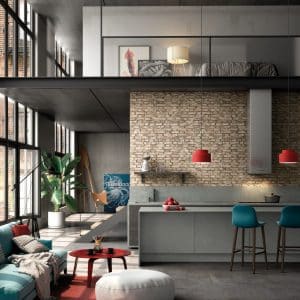 Industriële keuken met beton composiet aanrechtblad, zijpanelen en achterwand – Silestone Kitchen Loft Seaport