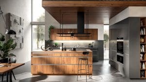 Design keuken met kookeiland, Häcker houten keuken met staal