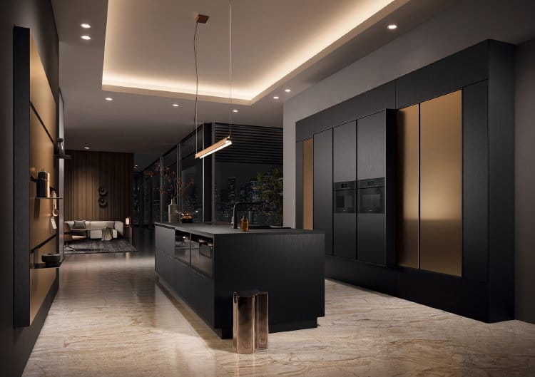 Marmer keukenvloer Taj Mahal dessin in een luxe design keuken zwart met brons