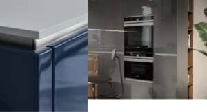 Blauwe & grijze hoogglans keukenfronten, Häcker keukens AV 4030 GL, AV 2130 GL