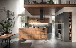 Walnoot hout & grijze hoogglans keuken, Häcker industriële keuken AV 1099, AV 2130 GL