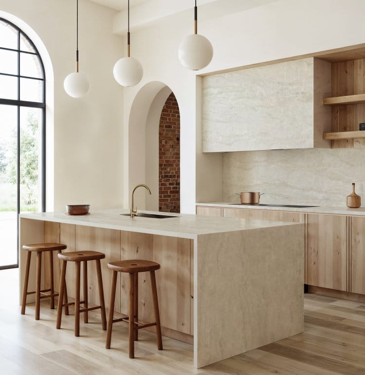 Stijlvol aanrechtblad, achterwand en kookeiland wanden Dekton Nara - zacht beige met subtiele aders - modern Taj Mahal kwartsiet