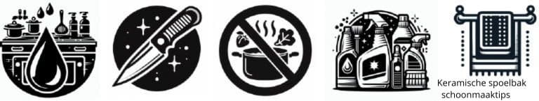 Pictogrammen: Keramische spoelbak schoonmaken & onderhoud tips