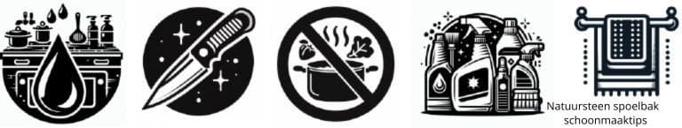 Pictogrammen: Natuursteen spoelbak schoonmaken & onderhoud tips