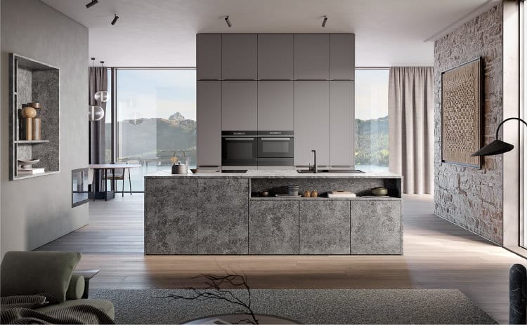 Moderne keuken met in de breedte legrichting houten vloerplanken