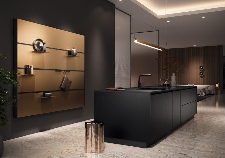 Natuursteen keukenvloer marmer beige in luxe zwarte keuken met gouden accenten