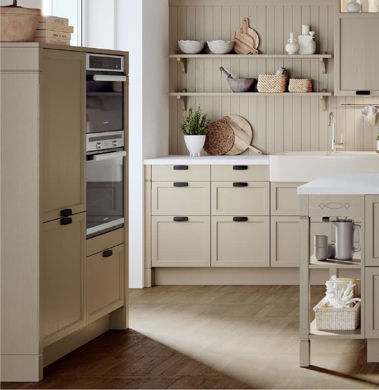 Geleefde landelijke keukenvloer parket hout - landelijke keukenkleur Ombre beige-pastelbruin