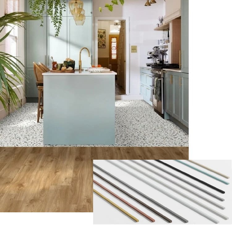 Keukentrend: Keukenvloer zoning - 2 Vloerpatronen in &eacute;&eacute;n ruimte - Moduleo PVC tegel groen terrazzo Fiastra & Moduleo PVC vloerplank eiken Sierra Oak Roots met design strip kleuren keuze
