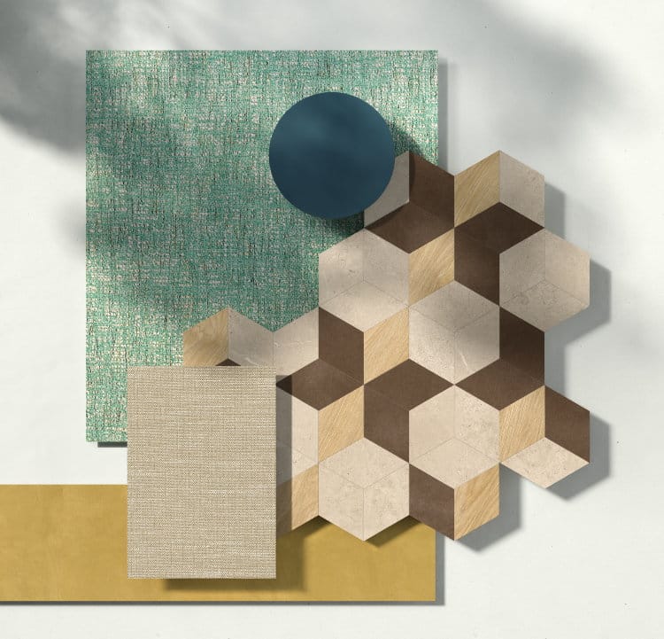 Moodboard: Keukenvloer houtlook patroon Hexagon Trio PVC vloer Moduleo Moods