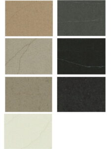 Keukenblad Evora Restone kleuren: Meteor Ice - Meteor Light - Beige Igea - Grey Titano - Grey Argo - Black Juno - Meteor Gold - Meteor Dark - White Teti