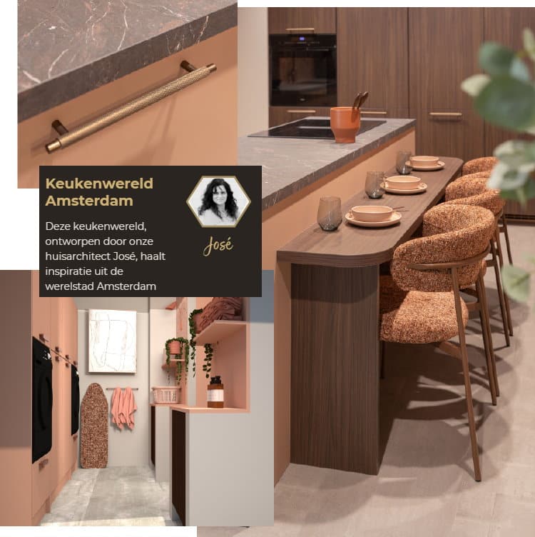 2027 keuken Coral Amsterdam met kookeiland en bar / eettafel, bijkeuken en messing handgrepen en Greengridz marmerlook werkblad