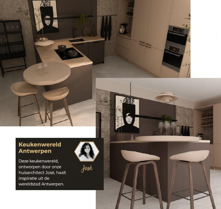 Antwerpen moderne keuken 2027 met rond barblad, barkrukken en hanglamp in coffee en macchiato bruin tinten